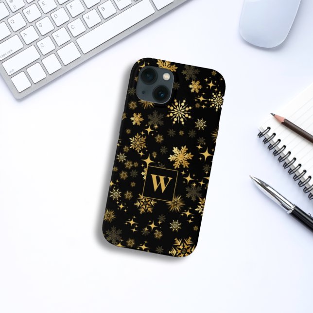 Coques Case-Mate iPhone Monogram Gold Snowflakes et Stars (Créateur téléchargé)