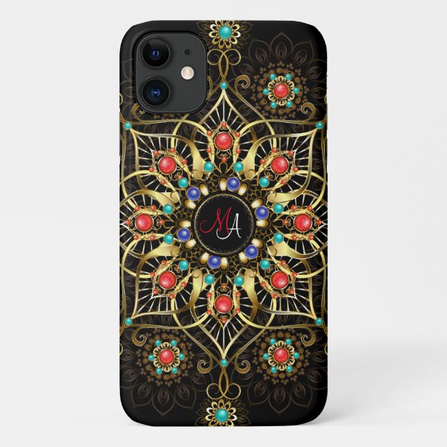 Coques Case-Mate iPhone Monogram Gold Turquiose Red Mandala Jewel (Dos)
