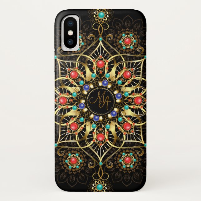 Coques Case-Mate iPhone Monogram Gold Turquiose Red Mandala Jewel (Dos)