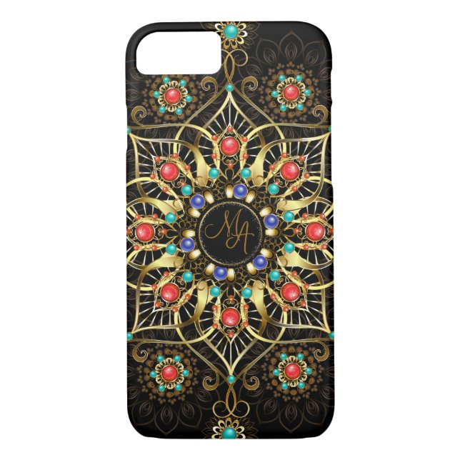 Coques Case-Mate iPhone Monogram Gold Turquiose Red Mandala Jewel (Dos)