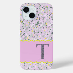 COQUE POUR iPhone 15 MONOGRAM INITIAL T LILAC PETITES FLEURS