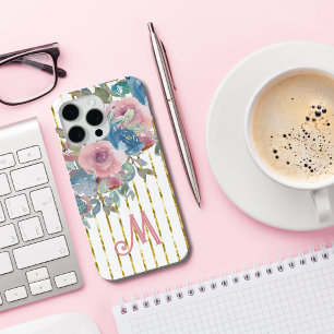 Coque iPhone 15 Pro Max Monogram M Glam Bandes Dorées Roses Rose Aqua