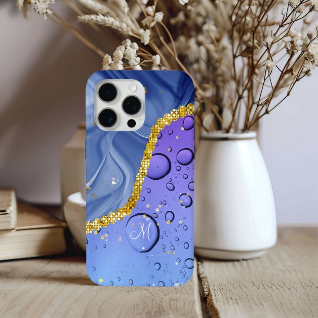 Coques Case-Mate iPhone Monogram M Glam Gold Blue & Purple Droplets (Créateur téléchargé)