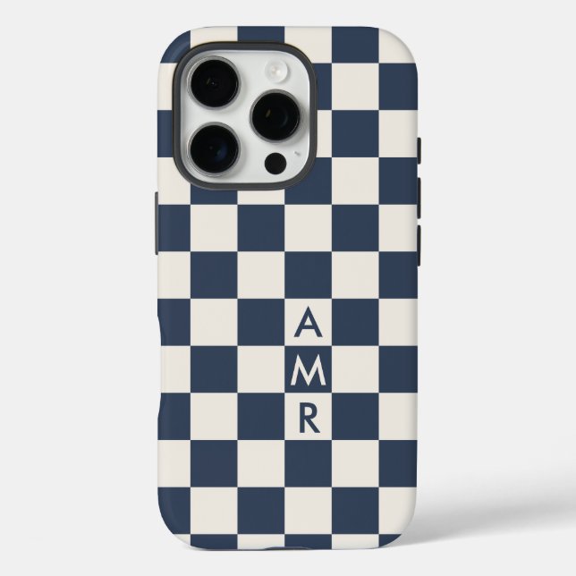 Coques Case-Mate iPhone Monogram Marine Blue Cream À damiers Motif (Verso)