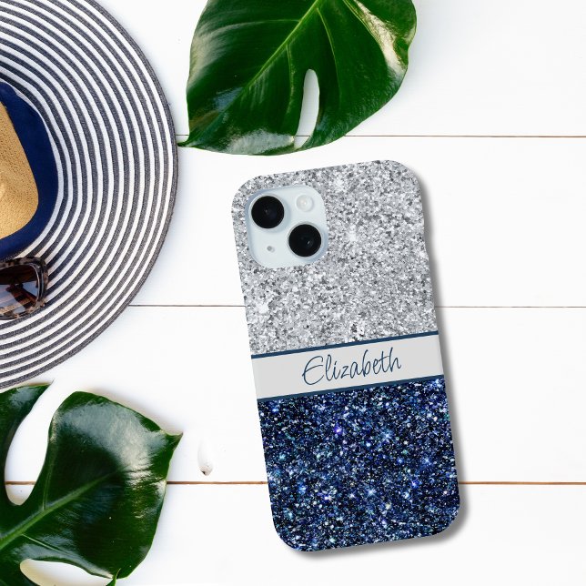 Coques Case-Mate iPhone Monogram Parties scintillant argent bleu foncé ten (Monogrammed Name Silver Navy Blue Glitter iPhone case.)