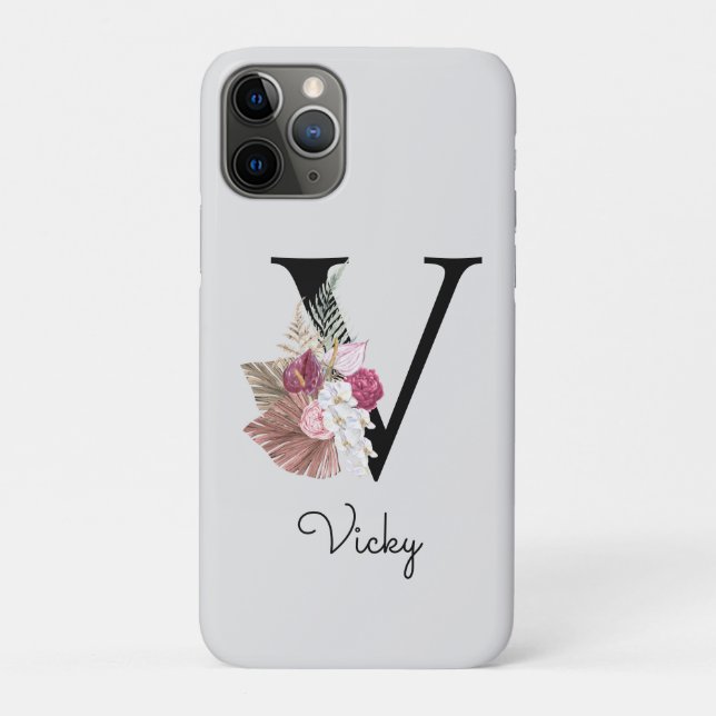 Coques Case-Mate iPhone Monogram Pink Boho Girly Floral Initial V (Dos)