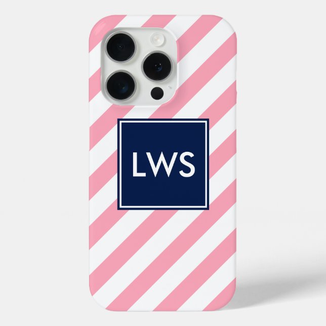 Coques Case-Mate iPhone Monogramme à bandes diagonales rose et bleu (Verso)