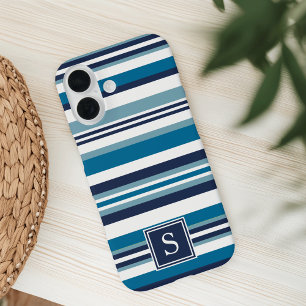 Coques iPhone 16 Monogramme à bandes multiples bleu et blanc