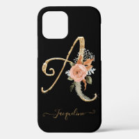 Monogramme A Black Gold BOHO Pink Floraf