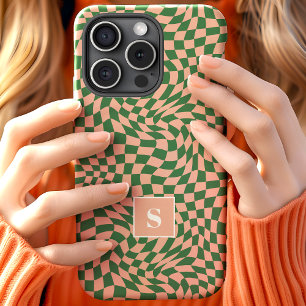 Coque Pour iPhone 15 Monogramme à carreaux ondulés rose et vert