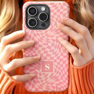 Coque Pour iPhone 15 Monogrammé à carreaux ondulés roses