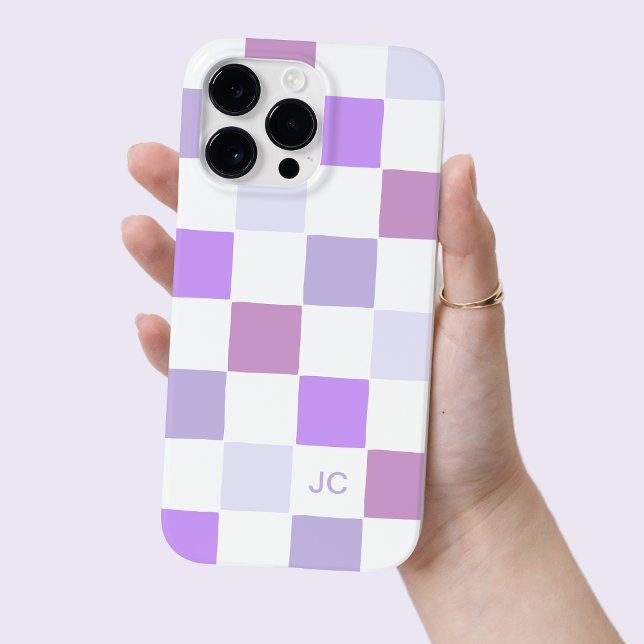 Coques Case-Mate iPhone Monogramme À damiers Lavande violette Motif modern (Monogram Checkered Purple Lavender Modern Pattern Case-Mate iPhone Case)