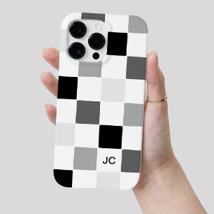 Coque Pour Pour iPhone 14 Pro Max Monogramme À damiers noir et gris Motif moderne