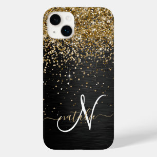 Coque Pour iPhone 14 Plus Monogramme à étincelle noire à Parties scintillant