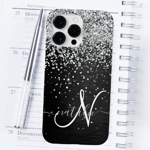 Coque Pour Pour iPhone 14 Pro Max Monogramme à étincelle noire à Parties scintillant