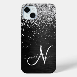 Coque iPhone 15 Mini Monogramme à étincelle noire à Parties scintillant
