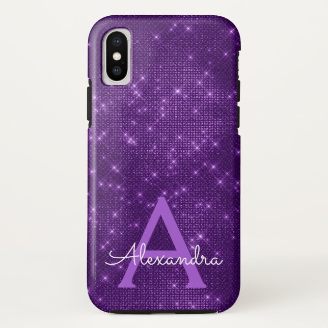 Coques Case-Mate iPhone Monogramme à étincelle violette et initiale (Dos)