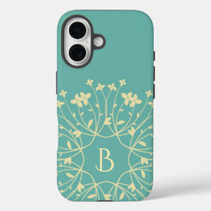 Coque Pour iPhone 16 Monogramme à fils turquoise et beige élégant