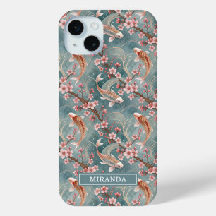 Coque iPhone 15 Mini Monogramme à motif de poisson Koi Sakura japonais