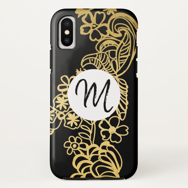 Coques Case-Mate iPhone monogramme à motif floral doré (Dos)