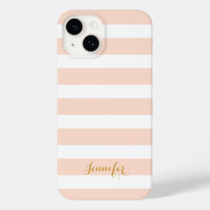 Coque Pour iPhone 14 Monogramme à rayures classiques rose et or
