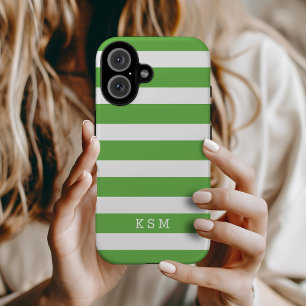 Coques iPhone 16 Monogramme à rayures classiques vert et blanc