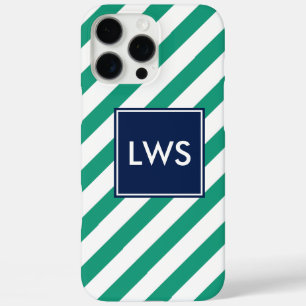 Coques iPhone 16 Pro Max Monogramme à rayures diagonales bleues vertes