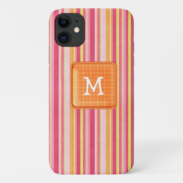 Coques Case-Mate iPhone Monogramme à rayures orange et rose (Dos)