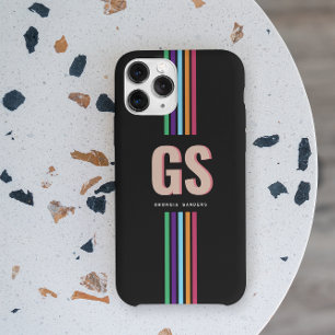 Coque iPhone 15 Pro Max Monogramme à rayures rétro chic