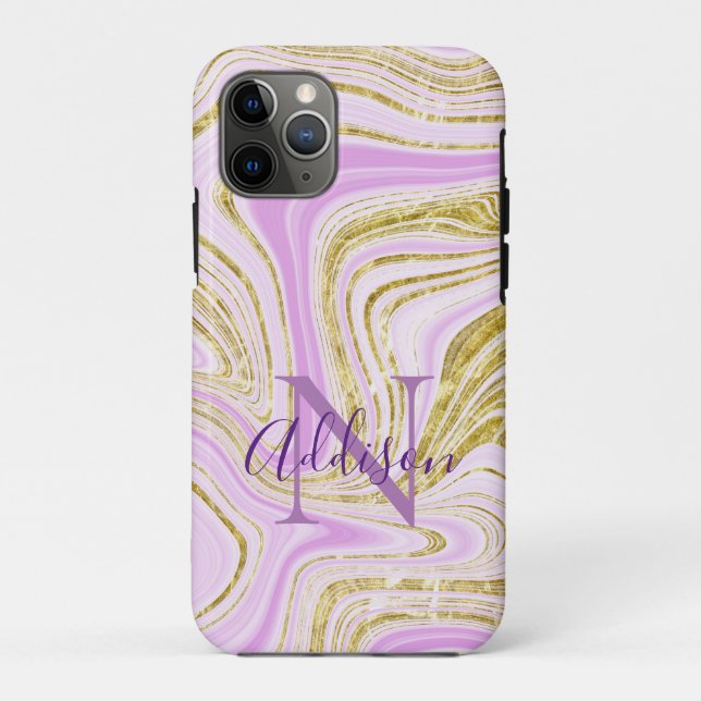 Coques Case-Mate iPhone Monogramme Abstrait Gold Purple Swirl élégant (Dos)
