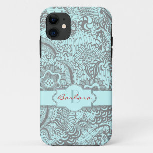 Coque iPhone 11 Monogramme Abstrait Gris Et Bleu Clair