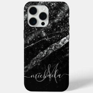Coque iPhone 15 Pro Max Monogramme abstrait noir brillant argenté