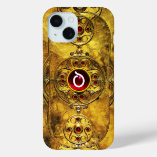 COQUE POUR iPhone 15 MONOGRAMME ANTIQUE CELTIC WARRIOR SHIELD RUBY GEM
