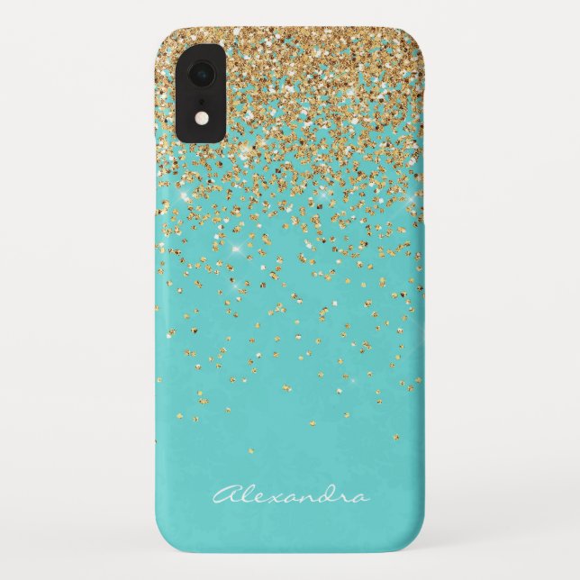 Coques Case-Mate iPhone Monogramme Aqua Blue Gold Parties scintillant Conf (Dos)
