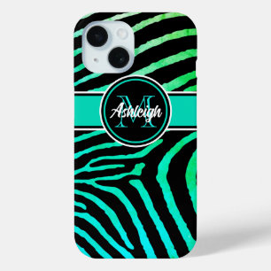 Coque Pour iPhone 15 Monogramme Aqua Green, Zèbre noir rayures