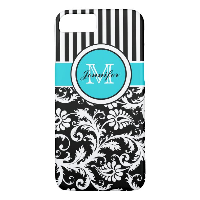 Coques Case-Mate iPhone Monogramme Aqua Noir Blanc rayé Damas iPhone 7 (Dos)