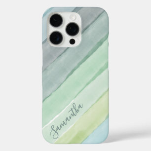 Coques iPhone 16 Pro Monogramme Aquarelle Bleu Vert
