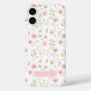 Coques iPhone 16 Plus Monogramme aquarelle de fleur sauvage rose