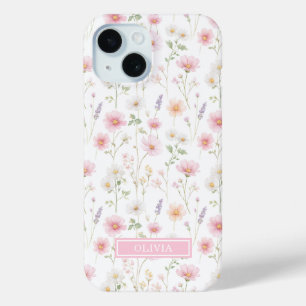 Coque Pour iPhone 15 Monogramme aquarelle de fleur sauvage rose