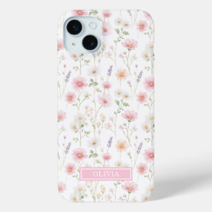 Coque iPhone 15 Mini Monogramme aquarelle de fleur sauvage rose
