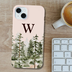 Coque iPhone 15 Mini Monogramme Aquarelle Forêt verte rustique