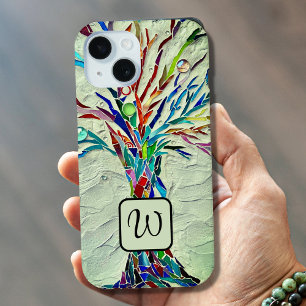 Coque Pour iPhone 15 Monogramme Arbre de vie Mosaïque verte