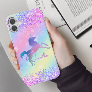 Coque Pour iPhone 16 Monogramme arc-en-ciel de Parties scintillant rose