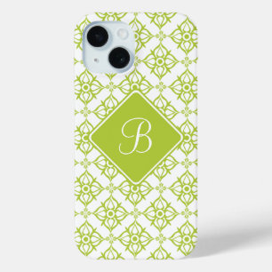 Coque Pour iPhone 15 Monogramme Atlantis Green Star Damask en blanc
