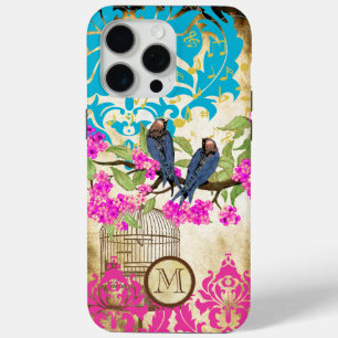 Coque iPhone 15 Pro Max Monogramme Birdcage Oiseau Damas Floral