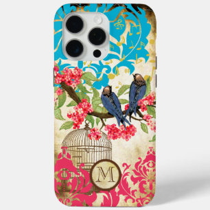 Coque iPhone 15 Pro Max Monogramme Birdcage Oiseau Damask