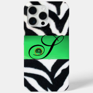 COQUE iPhone 15 PRO MAX MONOGRAMME BLACK WHITE ZEBRA FUR EMERALD GREEN GEM