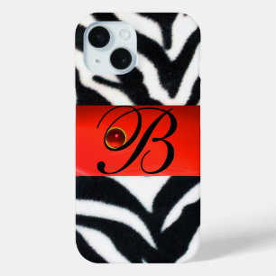 COQUE POUR iPhone 15 MONOGRAMME BLACK WHITE ZEBRA FUR RED GEM,