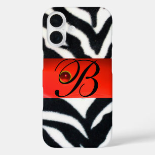 COQUE POUR iPhone 16 MONOGRAMME BLACK WHITE ZEBRA FUR RED GEM,