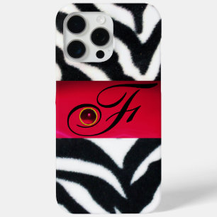 COQUE iPhone 15 PRO MAX MONOGRAMME BLACK WHITE ZEBRA FUR RED GEM,
